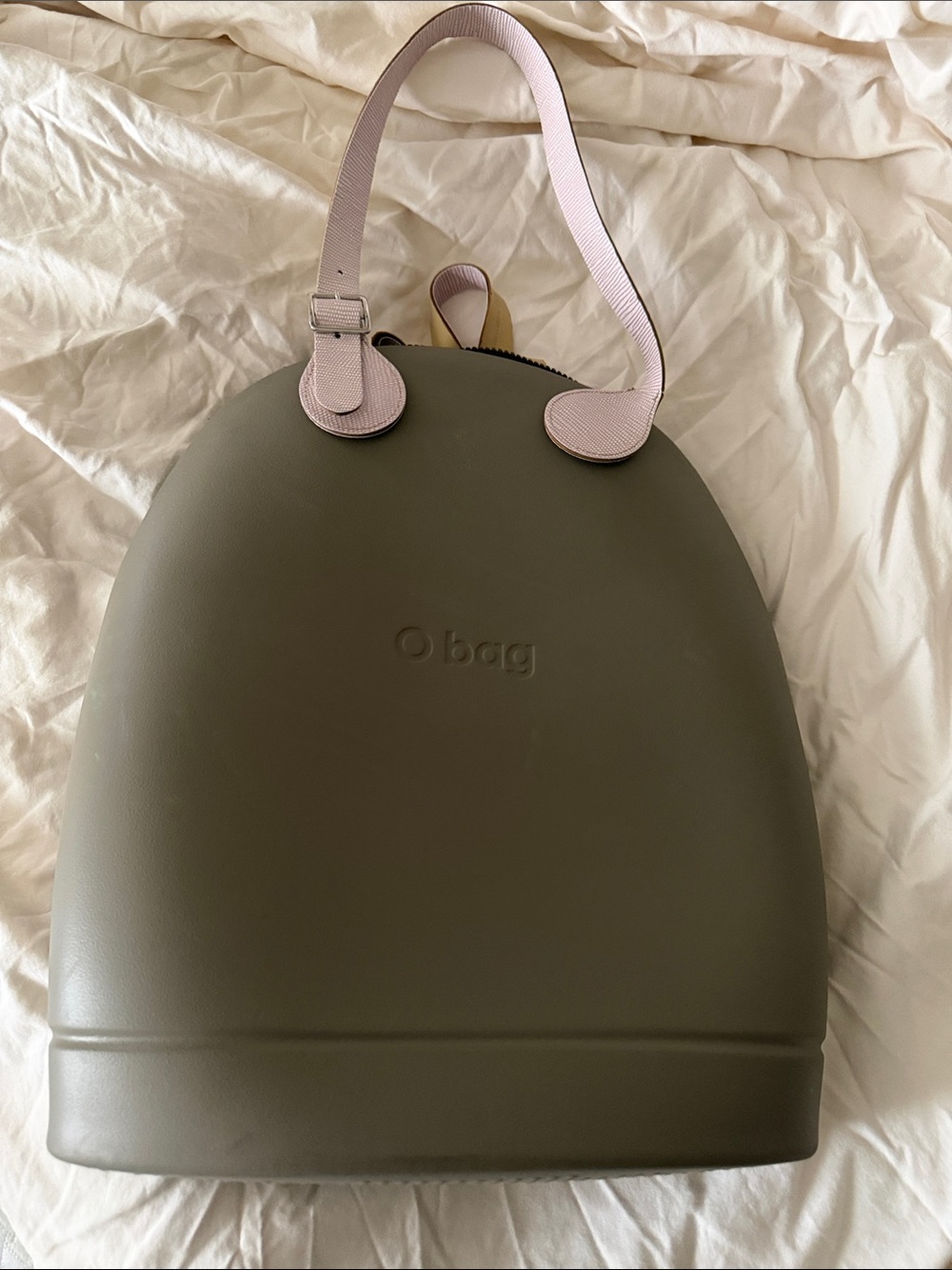 O bag Olive Green Dome Tote with Pink Handles